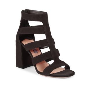 Prada Cage Block Heel Suede Black Sandals